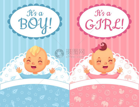 蓝色和粉色背景可爱的婴儿卡片插图图片