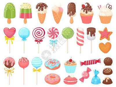 卡通糖果甜冰淇淋蛋糕和巧克力糖果甜圈饼干和糖果装在树干矢量插图上收集美味甜食松饼冰棒糖甜圈饼干和糖果装在树干矢量插图上图片