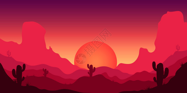 粉紫色的仙人掌日落沙漠风景图片