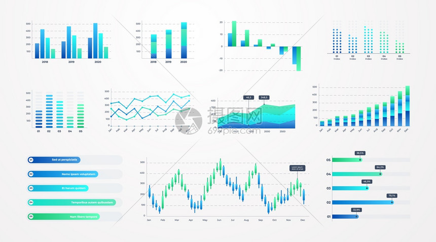 直方图商业信息模板包括库存图和统计条直线图和表供列报财务告使用仪表板上的矢量图直方表带有库存和统计条的商业信息模板用于列报和财务图片