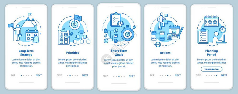 使用概念的移动应程序页面屏幕上的时间策略规划和瞄准通过5步的图形指示使用rgb颜色插图的ui矢量模板安装带有概念的移动应用程序页图片