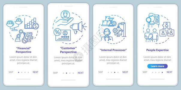 包含概念的移动应用程序页面屏幕上的财务视角人力资源营销横跨4步的图形指示ui矢量模板配有rgb颜色插图图片