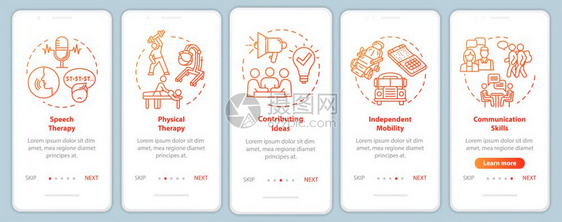 包含多个概念的移动应用程序页面屏幕上的包容程序治疗和融入公共生活横跨五步图形指示ui矢量模板配有rgb颜色插图图片