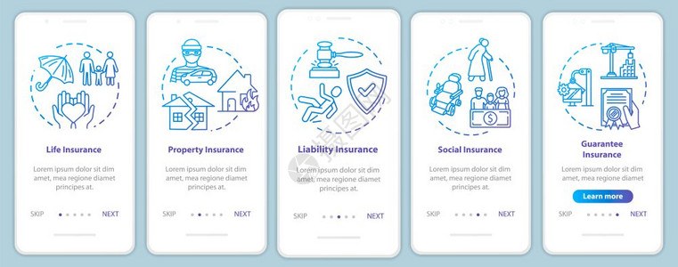 包含概念的移动应用程序页面屏幕上的人寿保险证支付责任横跨5步图形指示ui矢量模板配有rgb颜色插图图片