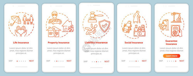 包含概念的移动应用程序页面屏幕上的伞式保险受财产社会障横跨五步图形说明ui矢量模板配有rgb彩色插图图片