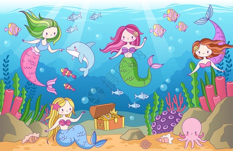 海洋卡通美人鱼元宝矢量背景图片