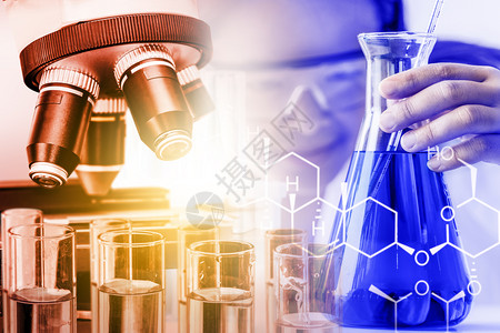 研发概念科学和医实验室仪器显微镜用于生物学的试验管和玻璃瓶以及用于医学研究的实验室化学双重接触图像图片