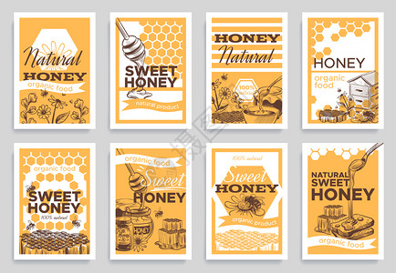 蜜糖天然有机食品蜜蜂传单矢量插画设计图片
