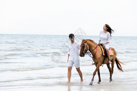 夫妇在热带海滩骑马图片