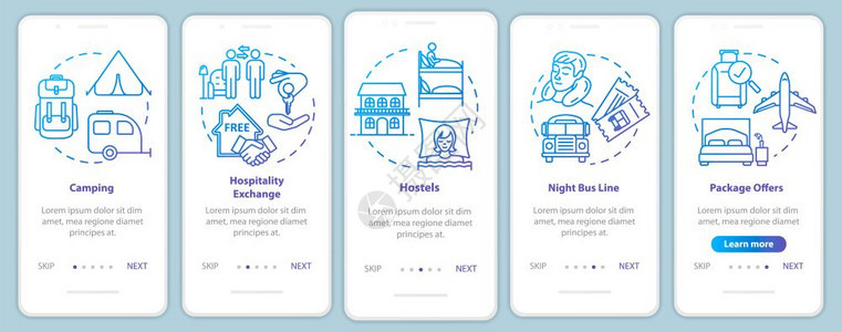 夜间停留在带有概念的移动应用程序页面屏幕上露营廉价住宿预算差旅通过五步图形指示ui矢量模板rgb彩色插图背景图片