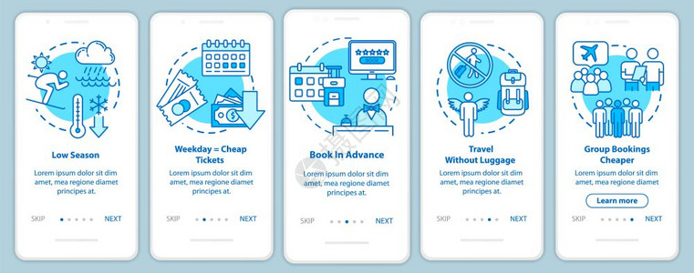 使用概念经济低成本航空公司廉价旅游横穿五步图示指配有rgb彩色插图的ui矢量模板图片