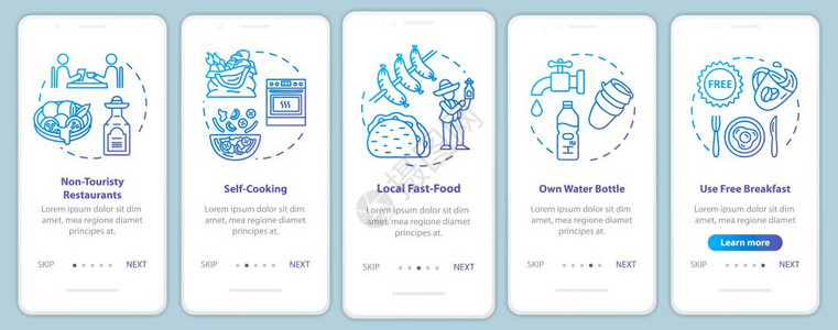 带有概念的移动应用程序页面屏幕上的食品自助餐超市预算旅游横穿五步图形指示配有rgb彩色插图的ui矢量模板图片