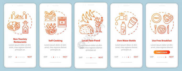 手机应用程序页面屏幕概念街头销售商大学食堂廉价旅程五步图示指ui矢量模板rgb彩色插图图片