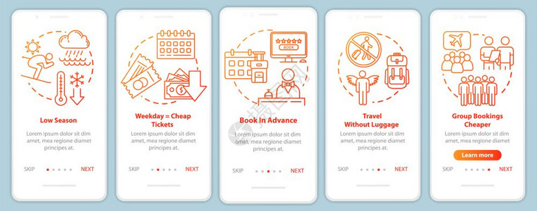 带有概念的移动应用程序页面屏幕预定节俭集体旅行预算游横穿五步图示指ui矢量模板rgb颜色插图图片