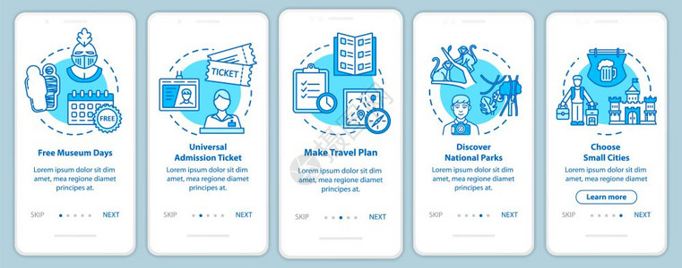 包含概念的移动应用程序页面屏幕上游览免费入场小城镇廉价旅游横跨五步图形指示ui矢量模板配有rgb颜色插图图片