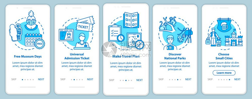 包含概念的移动应用程序页面屏幕上游览免费入场小城镇廉价旅游横跨五步图形指示ui矢量模板配有rgb颜色插图图片