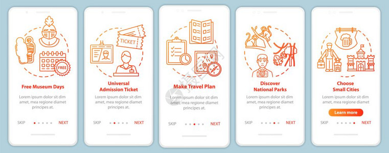 带概念的移动应用程序页面屏幕上的自由游览行程计划博物馆通行证预算旅游横穿五步图示指ui矢量模板配有rgb颜色插图图片