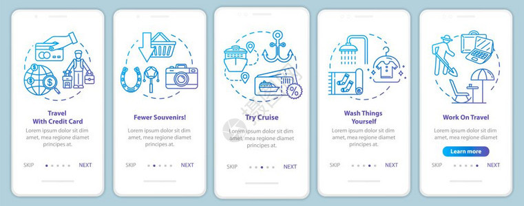 使用移动应程序页面屏幕上的旅行提示包括概念信用卡优势节省旅游的钱通过五步图形指示ui矢量模板配有rgb彩色插图图片