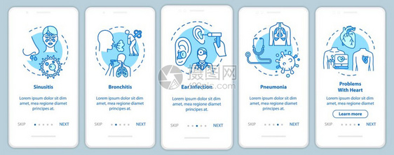 带概念的移动应用程序页面屏幕上呼吸道感染流并发症通过5步图示指配有rgb颜色插图的ui矢量模板图片