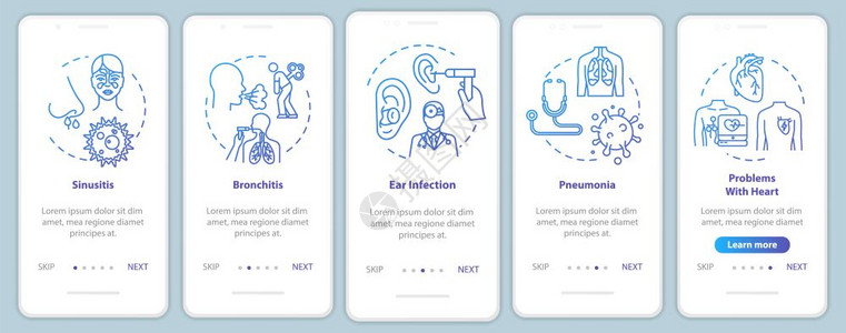 带概念的移动应用程序页面屏幕上的肺病医学检查口腔动脉瘤治疗通过五步图示指ui矢量模板配有rgb颜色插图图片