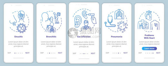 带概念的移动应用程序页面屏幕上的肺病医学检查口腔动脉瘤治疗通过五步图示指ui矢量模板配有rgb颜色插图图片