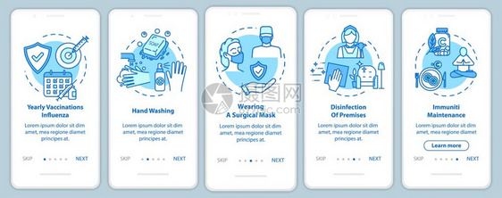 包含流感定期消毒通过五步图示说明的移动应用程序页面屏幕上的医疗保健图片
