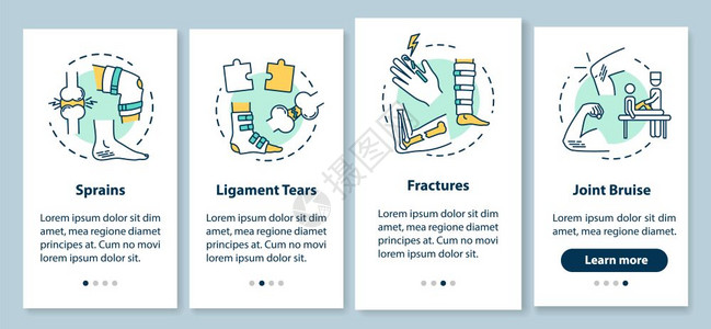 带概念的移动应用程序页面屏幕上的外伤类型扭里拉眼泪骨折共同瘀伤横穿四步走过图形指示ui矢量模板配有rgb颜色插图图片