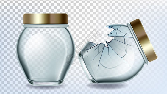 加瓶玻璃和带有金盖矢量的破瓶子用于调制梅杏樱桃或草莓的空玻璃瓶子用于切碎水果模板的玻璃器件符合实际的3d插图加瓶玻璃和带有金盖矢图片