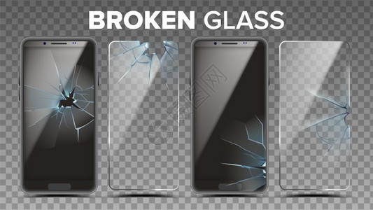 损坏的智能手机保护玻璃和触摸屏透明温和的现代手机显示器覆盖实用的3d插图损坏的玻璃电话保护屏设置矢量图片