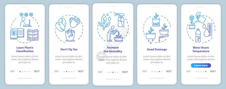 带概念的移动应用程序页面屏幕上的花关注湿度维护草药种植通过五步图示指ui矢量模板配有rgb彩色插图图片