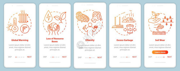 装有概念的移动应用程序页面屏幕上的消费过量全球变暖土壤磨损消费主义通过5步图形指示配有rgb颜色插图的ui矢量模板图片