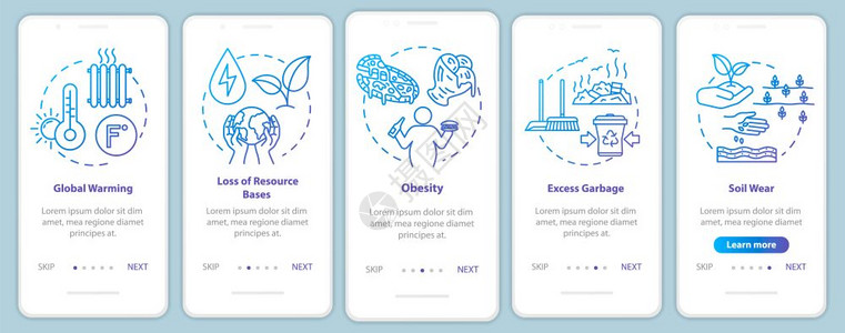 装有概念的移动应用程序页面屏幕上的消费过量全球变暖土壤磨损消费主义通过5步图形指示配有rgb颜色插图的ui矢量模板图片