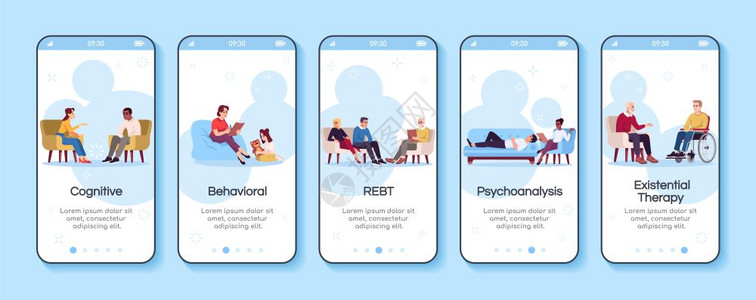 在手机应用程序屏幕矢量模板上进行心理学咨询认知行为疗法带有平板字符的徒步通过网站骤uxig智能手机卡通界面概念图片
