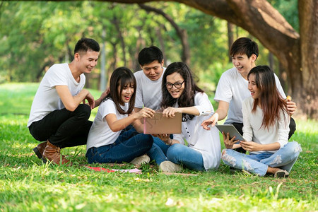 在校园草地上学习的大学生们图片