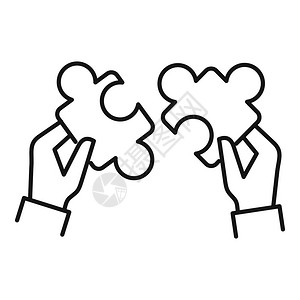 男人 拥抱拼图合作标大纲合作矢量标用于孤立白背景上的网络设计拼图