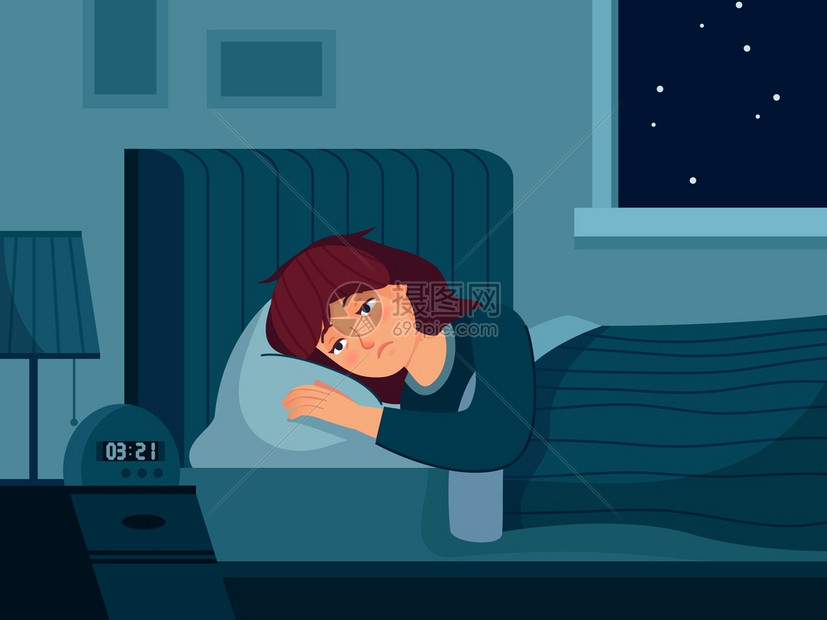 失眠妇女睡不着的沉女不着的忧郁女的恶梦躺着贫困女露天的目光矢量