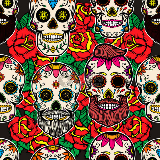 带有墨西哥制糖头骨和玫瑰的无缝模式海报纸牌横幅服装饰的设计元素矢量插图图片