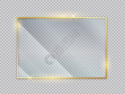 金色玻璃透明横幅金形框带有玻璃反射效果的金色框矢量图像方形丙烯隔离屏幕前视图带有晶体显示金色玻璃透明横幅金色框带有玻璃反射效果的图片