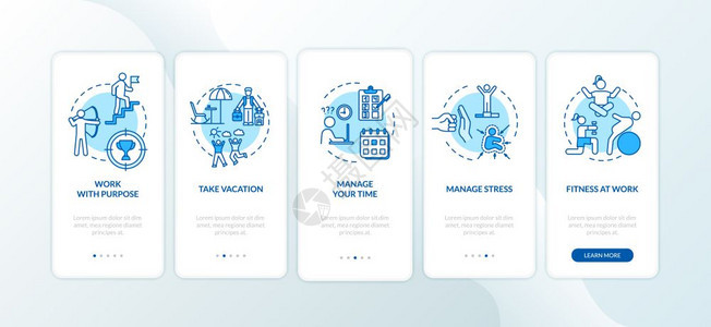 避免在带概念的移动应用程序页面屏幕上燃烧修补和练习身体健康通过5步图形指示ui矢量模板配有rgb颜色插图图片