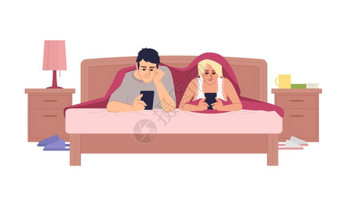 男人的床年轻夫妻在床上聊天白色浏览互联网孤立的卡通人物设计图片