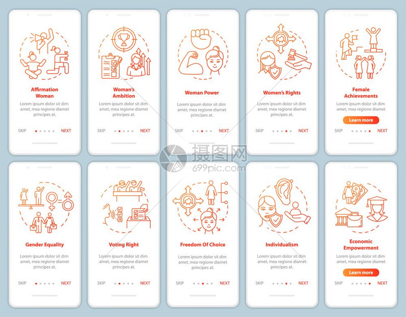 妇女运动通过5步图形指示ui矢量模板配有rgb彩色插图图片