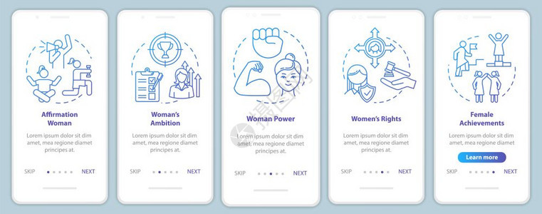 具有概念的移动应用程序页面屏幕上的女权主义经济和社会赋权通过五步图形指示ui矢量模板配有rgb颜色插图图片
