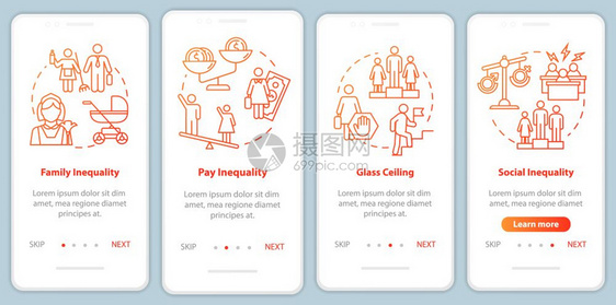 包含概念的移动应用程序页面屏幕上的别平等障碍工作场所不平等通过四步图形指示ui矢量模板配有rgb彩色插图图片