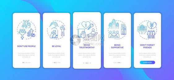 包含概念的移动应用程序页面屏幕上的朋友关系谊和爱情关系提示通过5步的图形指示ui矢量模板配有rgb颜色插图图片