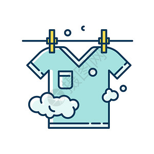 烘干蓝色和黄紫图标洗衣服外面的挂在绳索上的t恤衫干净夏衣洗服插画