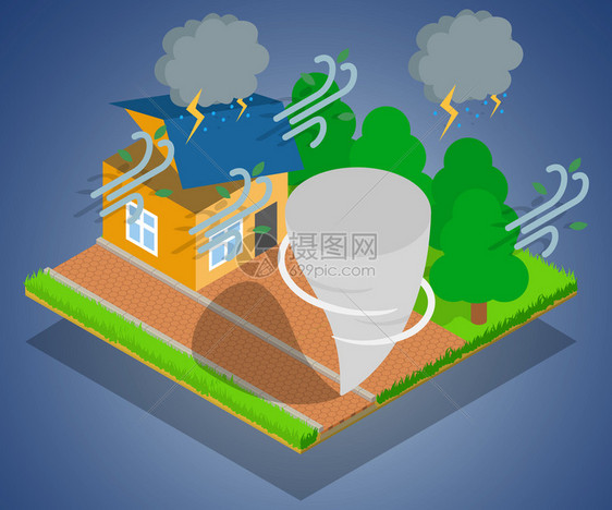 卡通风格受飓风袭击的乡间房屋图片