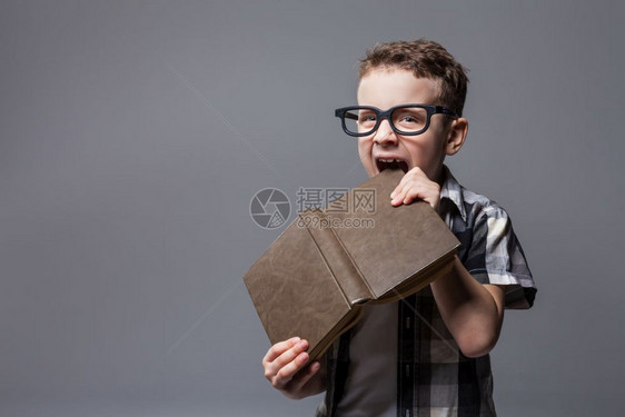 小男孩在咬一本书图片
