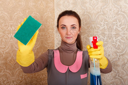 清洁女工用喷剂作家居管理概念图片