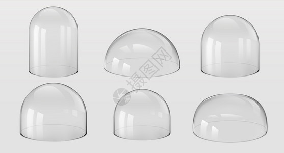 3d实事求是的球形和西半厨房用具钟罐实验室和展览案例矢量在透明背景上设置孤立的维特林形状安全玻璃圆顶以透明背景隔离的矢量图片