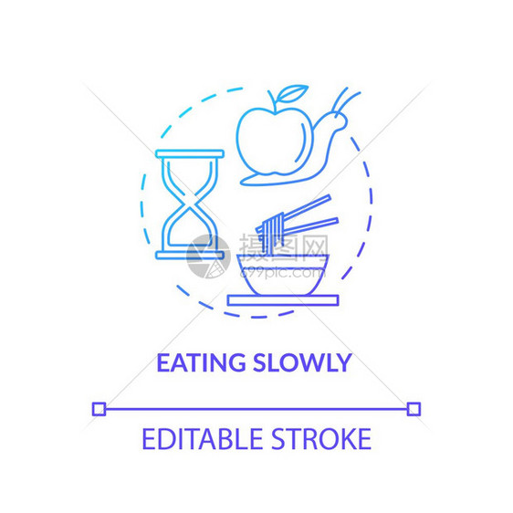 注意营养观念细线插图彻底和仔细的食物消费享受饮食矢量孤立的大纲rgb彩色图画图片